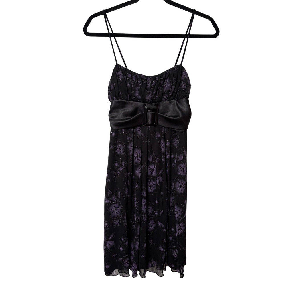 Y2K Jessica Womens Purple Glitter Floral Mesh Mini Dress Empire Waist Satin Bow